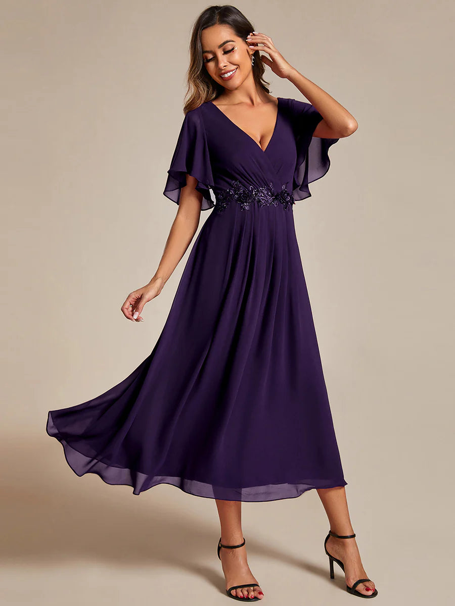Applique V Neck Tea Length Wedding Guest Dress With Short Sleeves