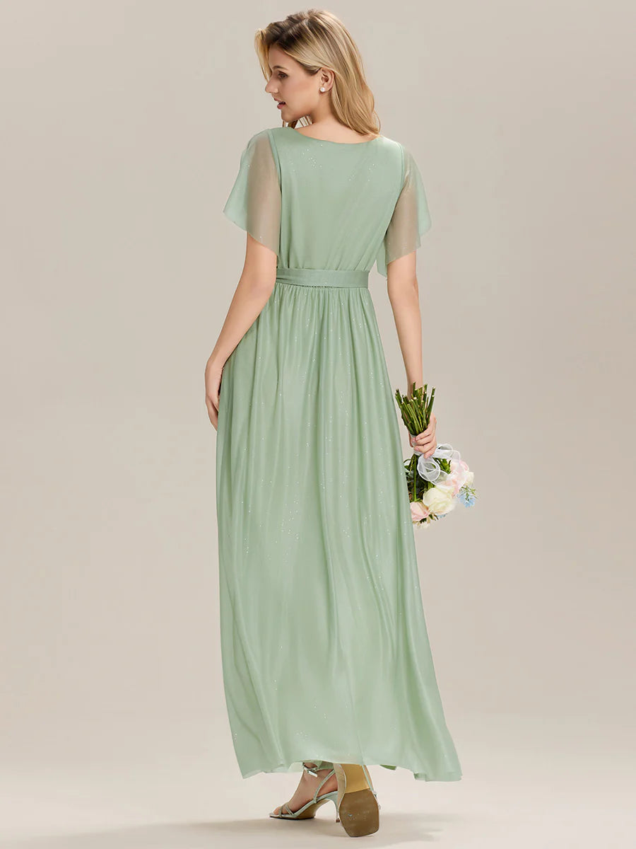 Short Sleeve Ruffle Deep V-Neck A-Line Floor Length Bridesmaid Dresses