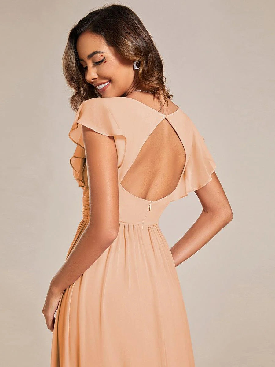 Ever LILYANA|Elegant V-Neck Open Back Ruffled Sleeves Chiffon Bridesmaid Dress