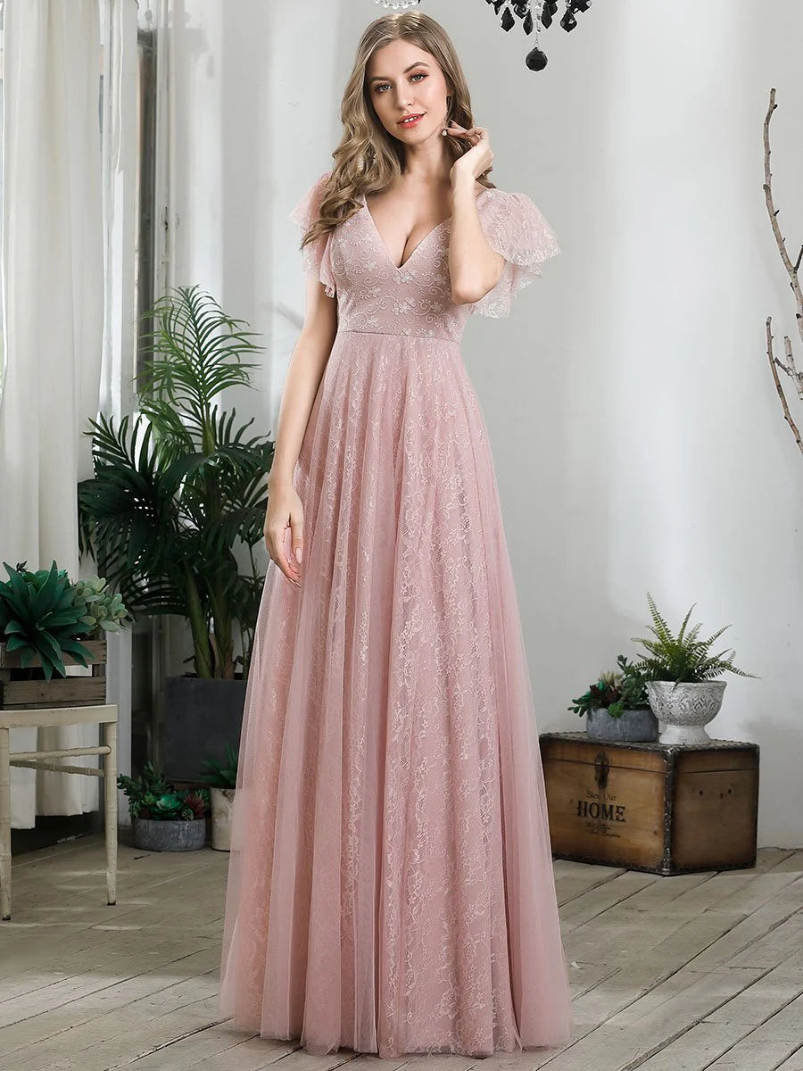 Double V-Neck Floor Length Wholesale Dresses with Short Sleeve