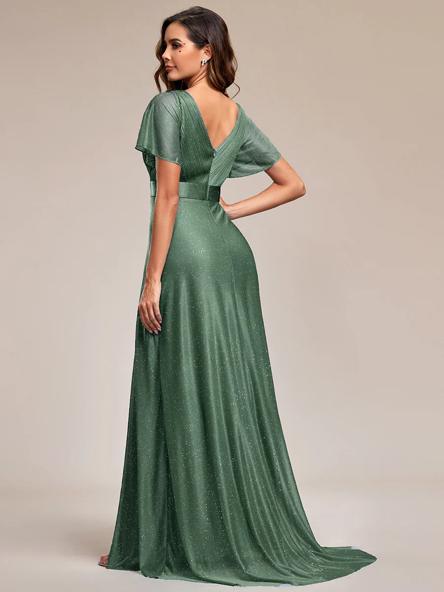 Deep V Neck Ruffles Sleeve A Line Wholesale Evening Dresses