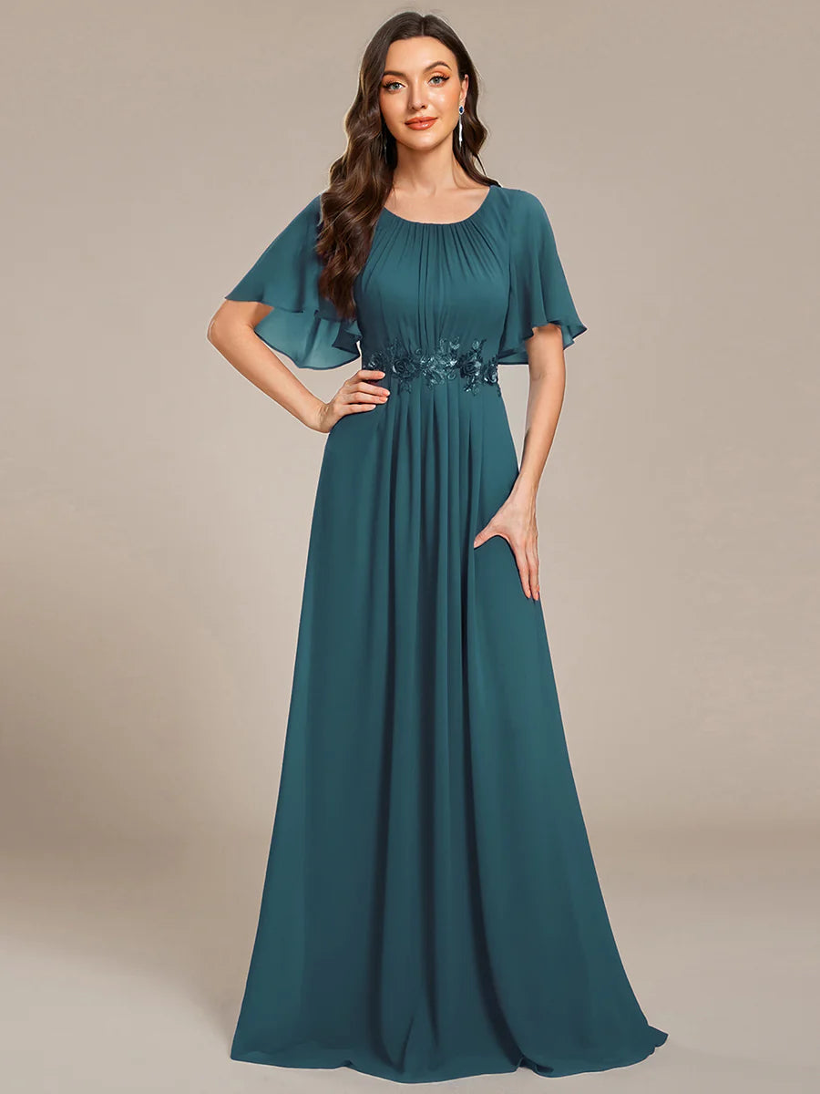 Short Sleeves Pleated Applique A-Line Floor-Length Formal Evening Dress