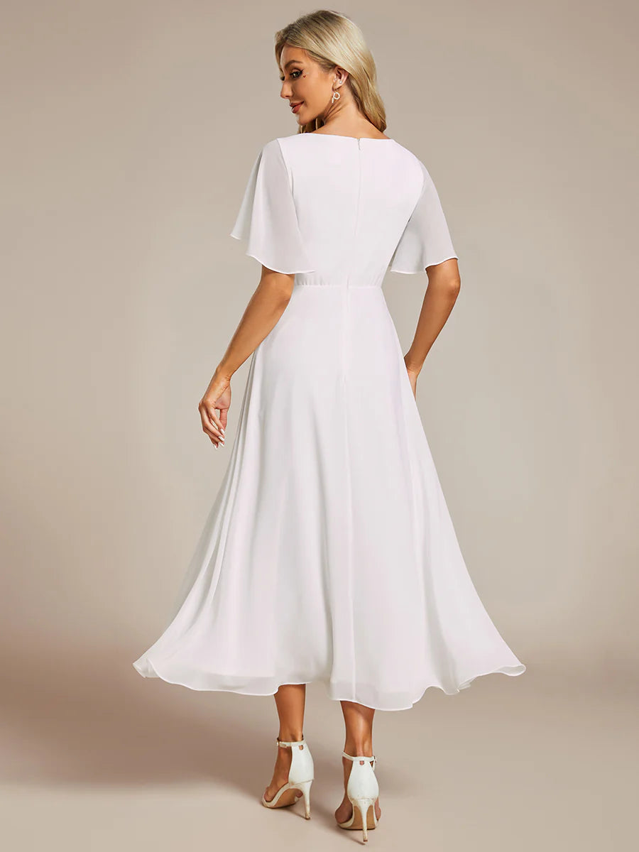 Applique V Neck Tea Length Wedding Guest Dress With Short Sleeves