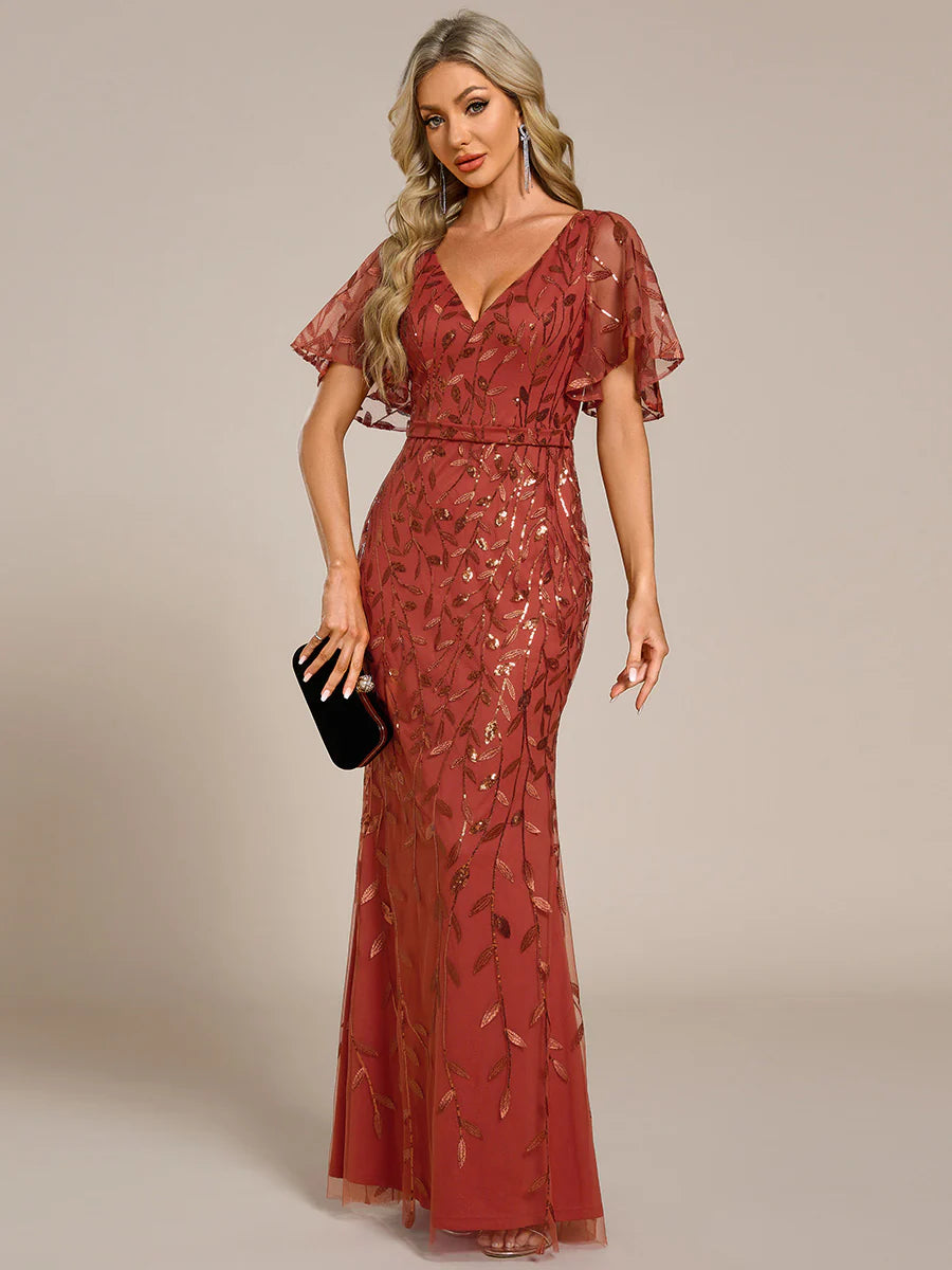 Gorgeous V Neck Leaf-Sequined Fishtail Wholesale Evening Dress