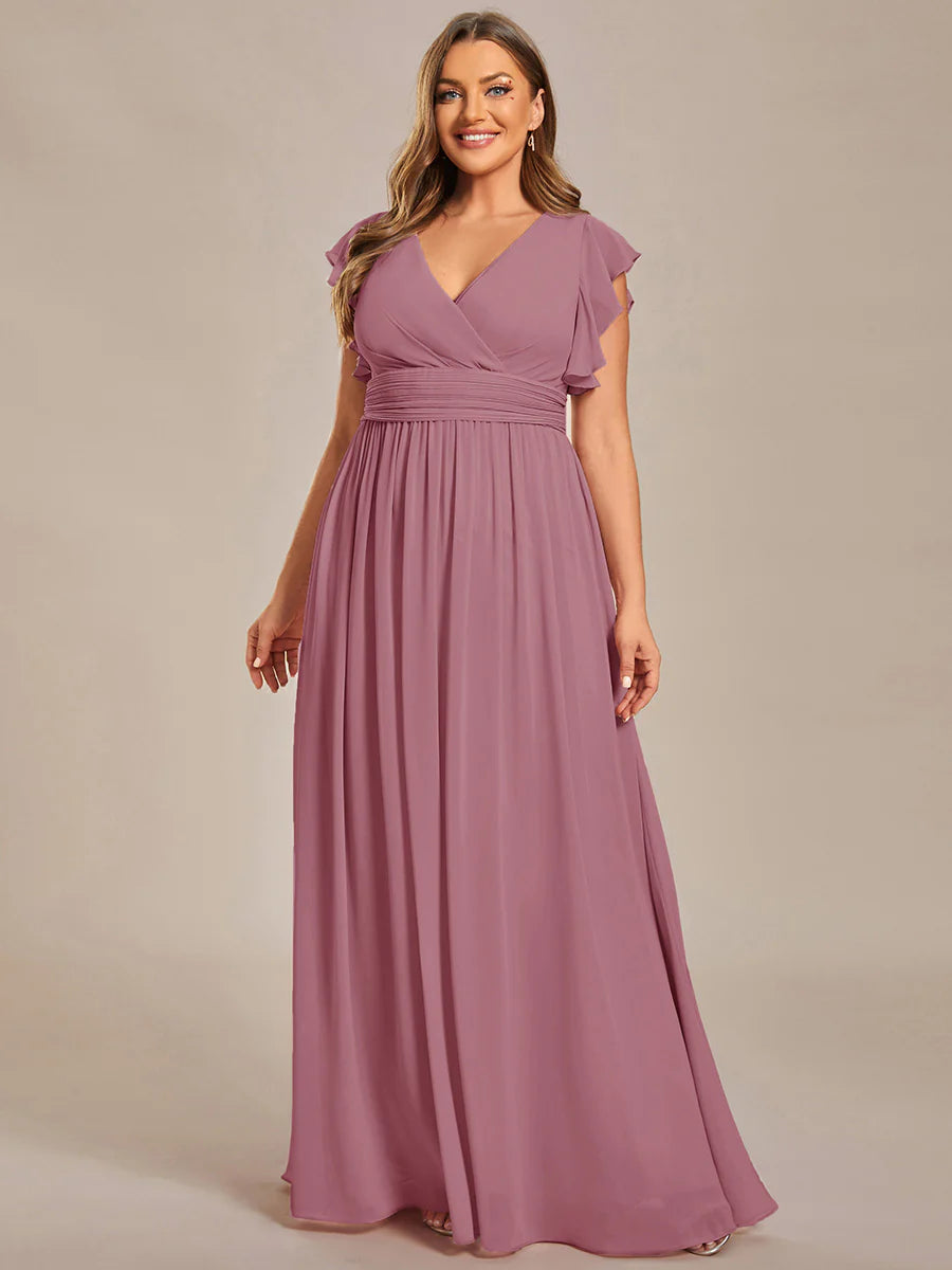 Plus V Neck Pleated Belted Ruffles Wholesale Bridesmaid Dresses