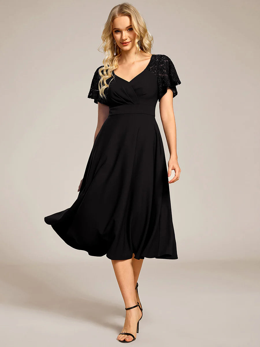 Short Sleeve Ruffle Sweetheart A-Line High Stretch Midi Wedding Guest Dress