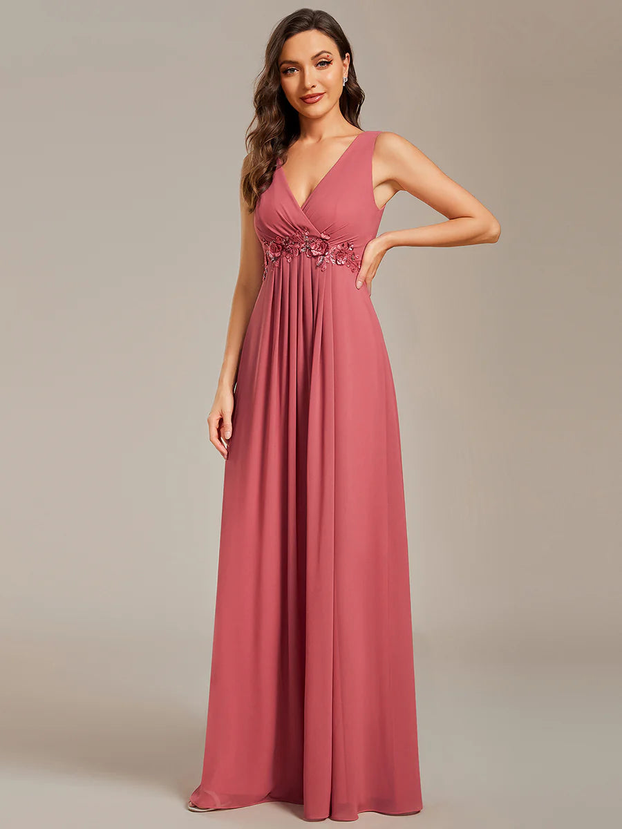A-Line V Neck Appliques Ruched Wholesale Evening Dresses