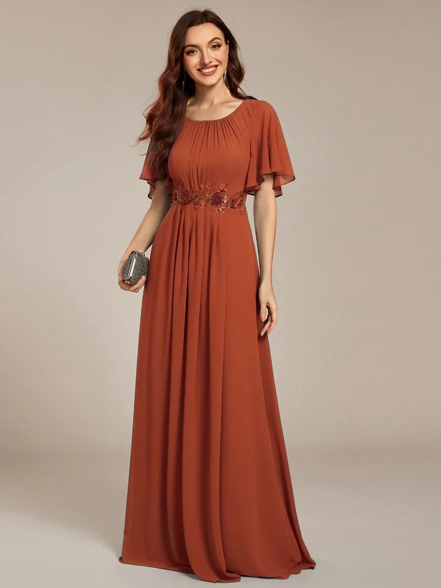 Short Sleeves Pleated Applique A-Line Floor-Length Formal Evening Dress