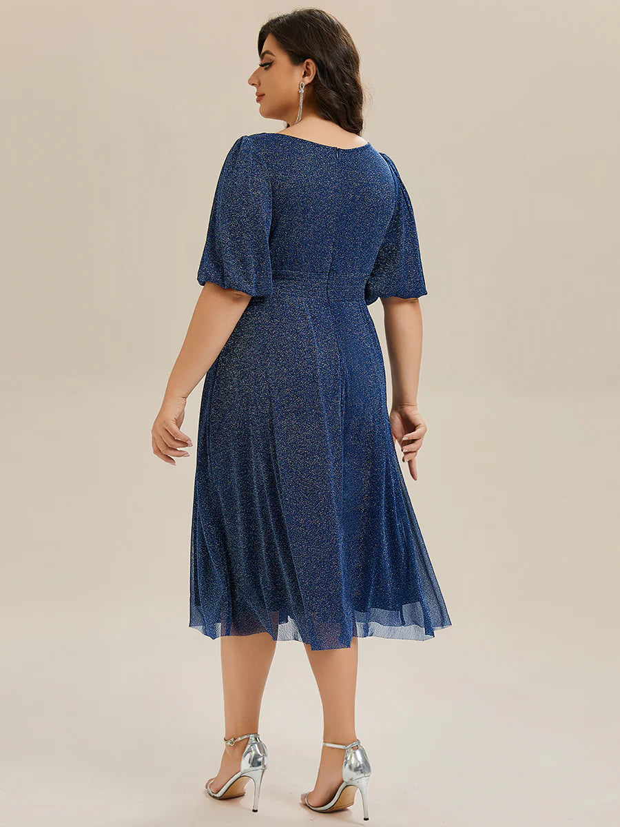 Half Sleeve Gathered A-Line Midi Length Wedding Guest Dresses