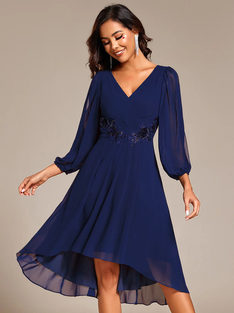 Elegant Lantern Sleeve Applique Empire Waist Midi-Length Chiffon Evening Dresses with Asymmetrical Hem
