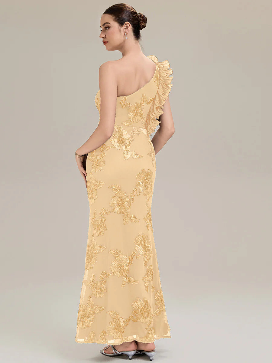 Custom Made One Shoulder Sleeveless Floral Jacquard Fishtail Evening Dresses