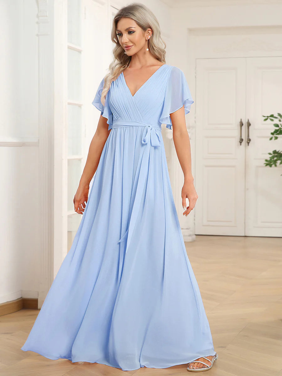 A Line Wholesale Evening Dresses with Deep V Neck Ruffles Sleeves