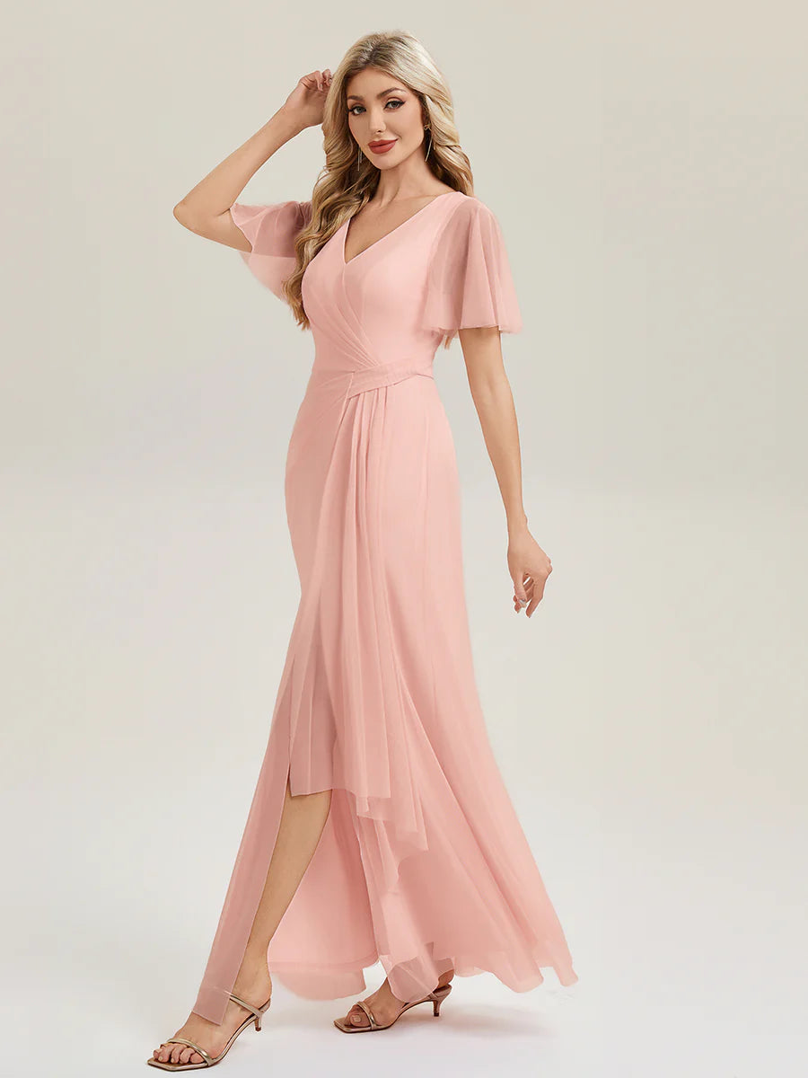 Short Sleeve Ruffle Deep V-Neck High Stretch A-Line Floor Length Bridesmaid Dresses
