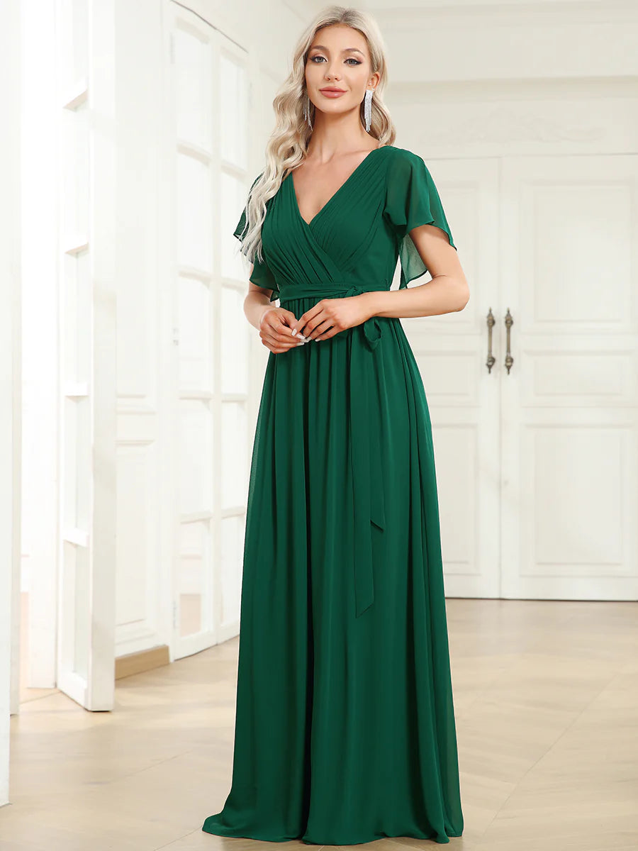 A Line Wholesale Evening Dresses with Deep V Neck Ruffles Sleeves