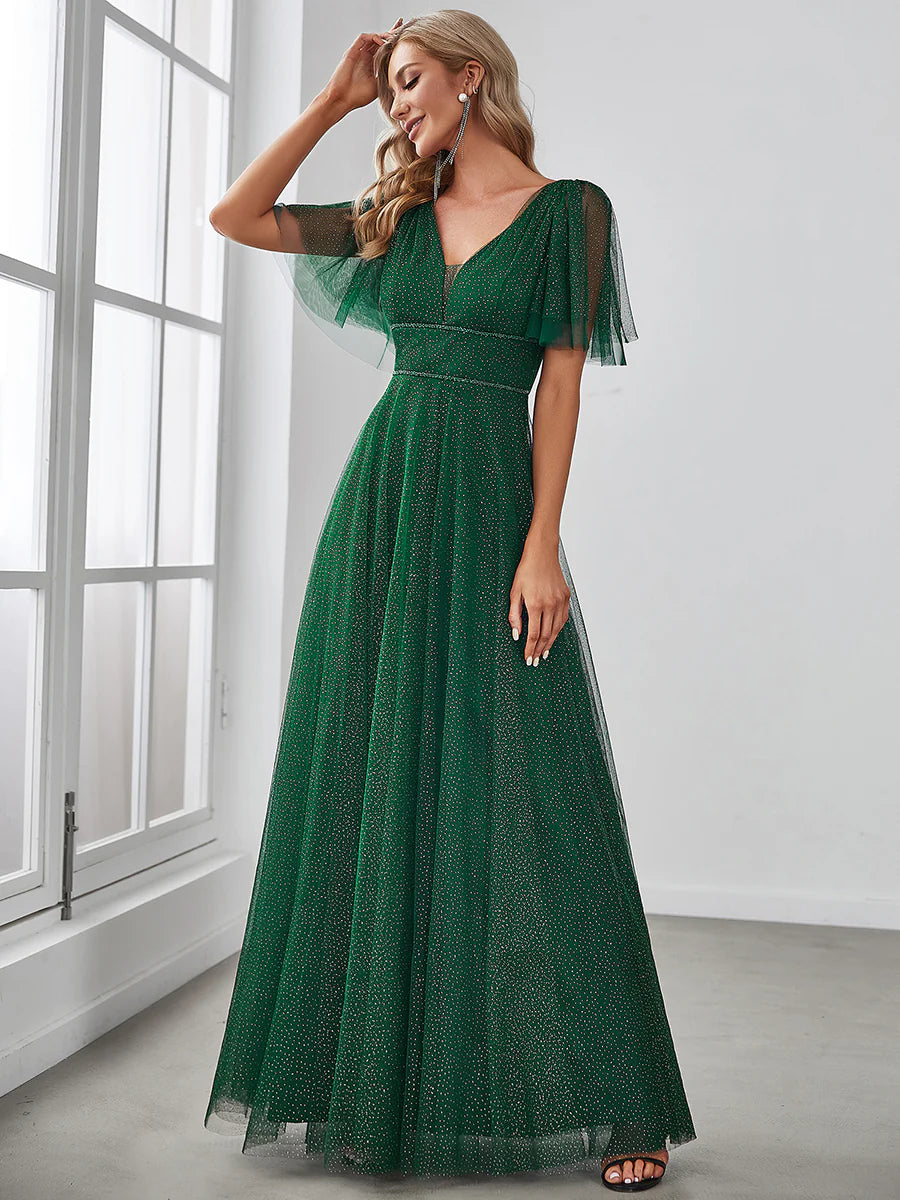 Wholesale Long Deep V Neck Maxi A-Line Tulle Evening Dress