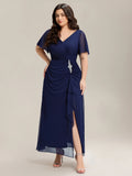 Plus Size Short Sleeve Ruffled Deep V Neck A-Line Slit Maxi Dress for Mother of the Bride