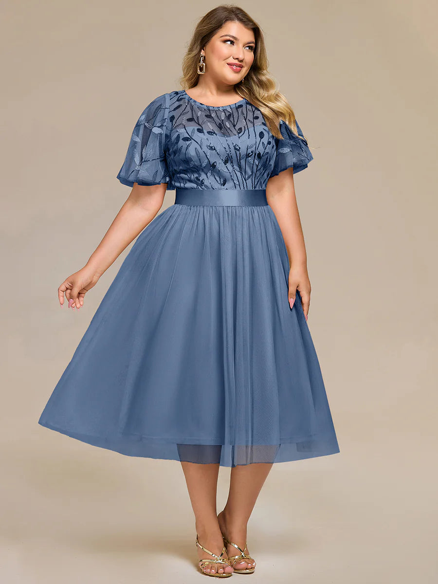 Bulk Order | Plus Size Fit A-Line Deep V-Neck Evening Gown | Ruffled Short Sleeve Midi Dress