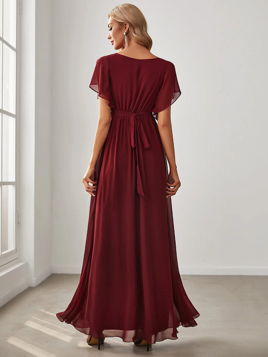 A Line Wholesale Evening Dresses with Deep V Neck Ruffles Sleeves