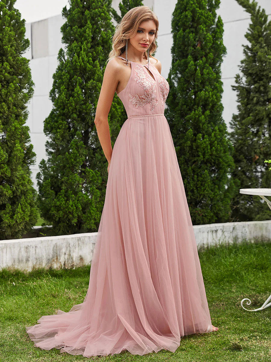 Elegant  A-Line Floor Length Keyhole Neck Sleeveless Wholesale Wedding Dress