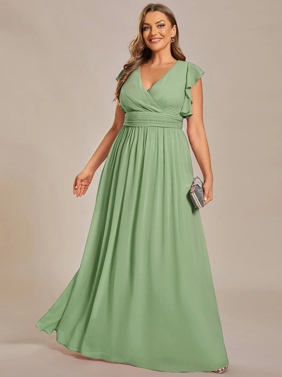 Plus V Neck Pleated Belted Ruffles Wholesale Bridesmaid Dresses