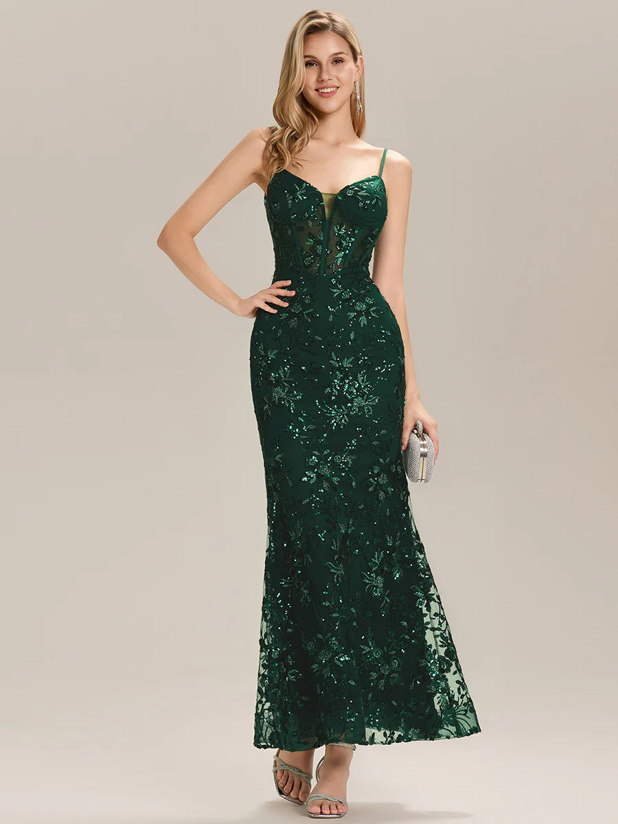 Sleeveless Deep V-Neck Backless Sequin Fishtail Evening Dresses