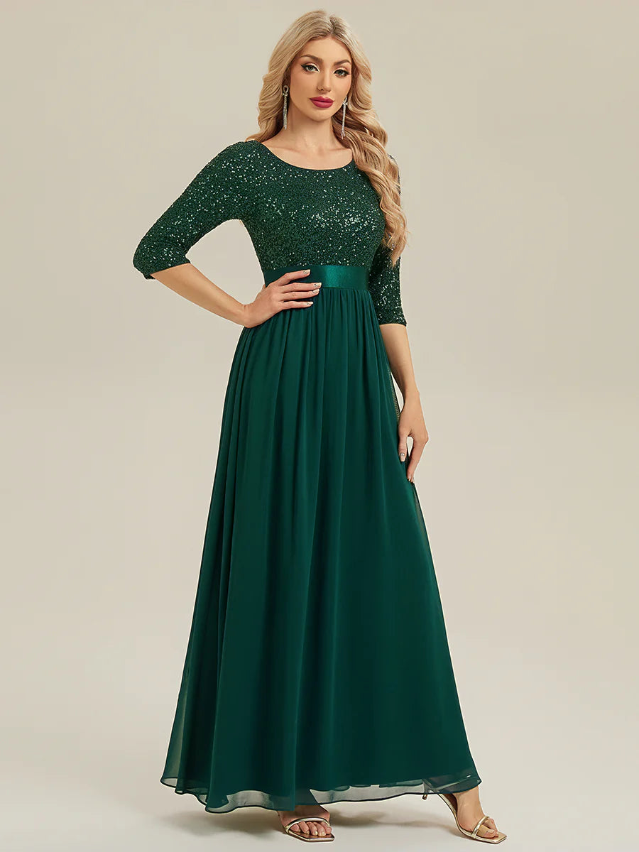 3/4 Sleeve Sequin Patchwork A-Line Floor Length Evening Dresses