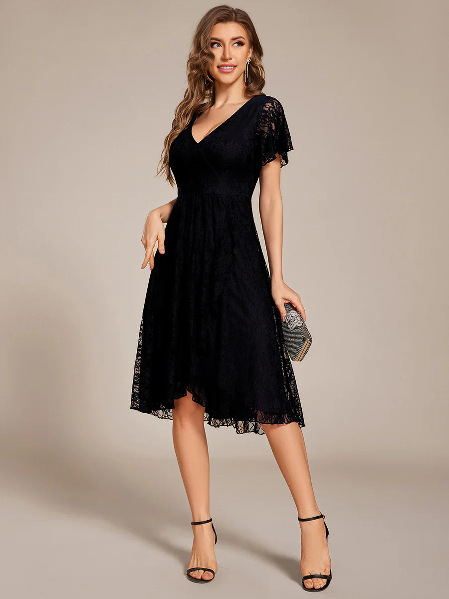 Short Sleeve Ruffled V-Neck A-Line Midi Wedding Guest Dress