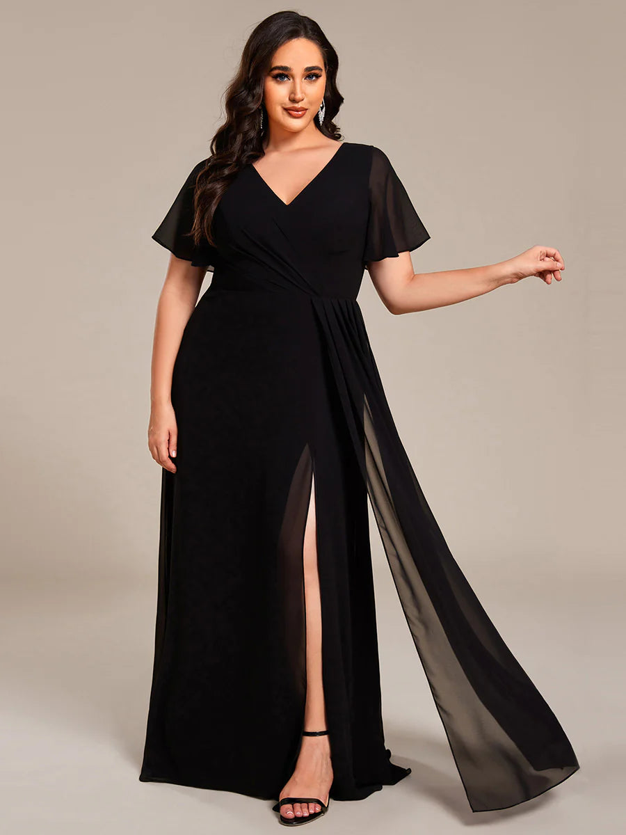 Plus Size Lotus Leaf Ruffles Sleeve asymmetrical Ruched Empire Waist Chiffon Evening Dresses