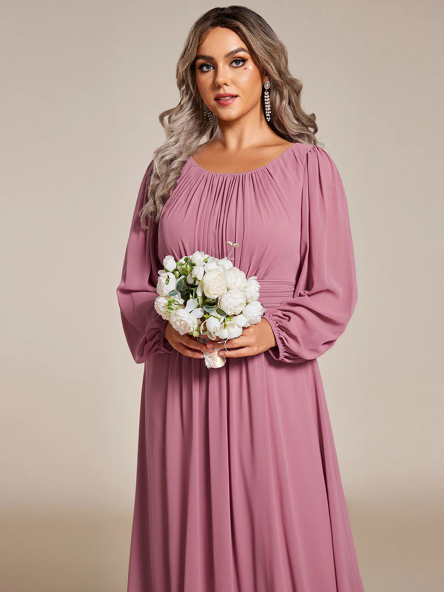 Plus Size Round Neck Wholesale Bridesmaid Dresses with Long Lantern Sleeves