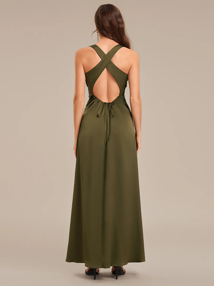 Sleeveless Halter Neck Backless A-Line Floor Length Bridesmaid Dresses