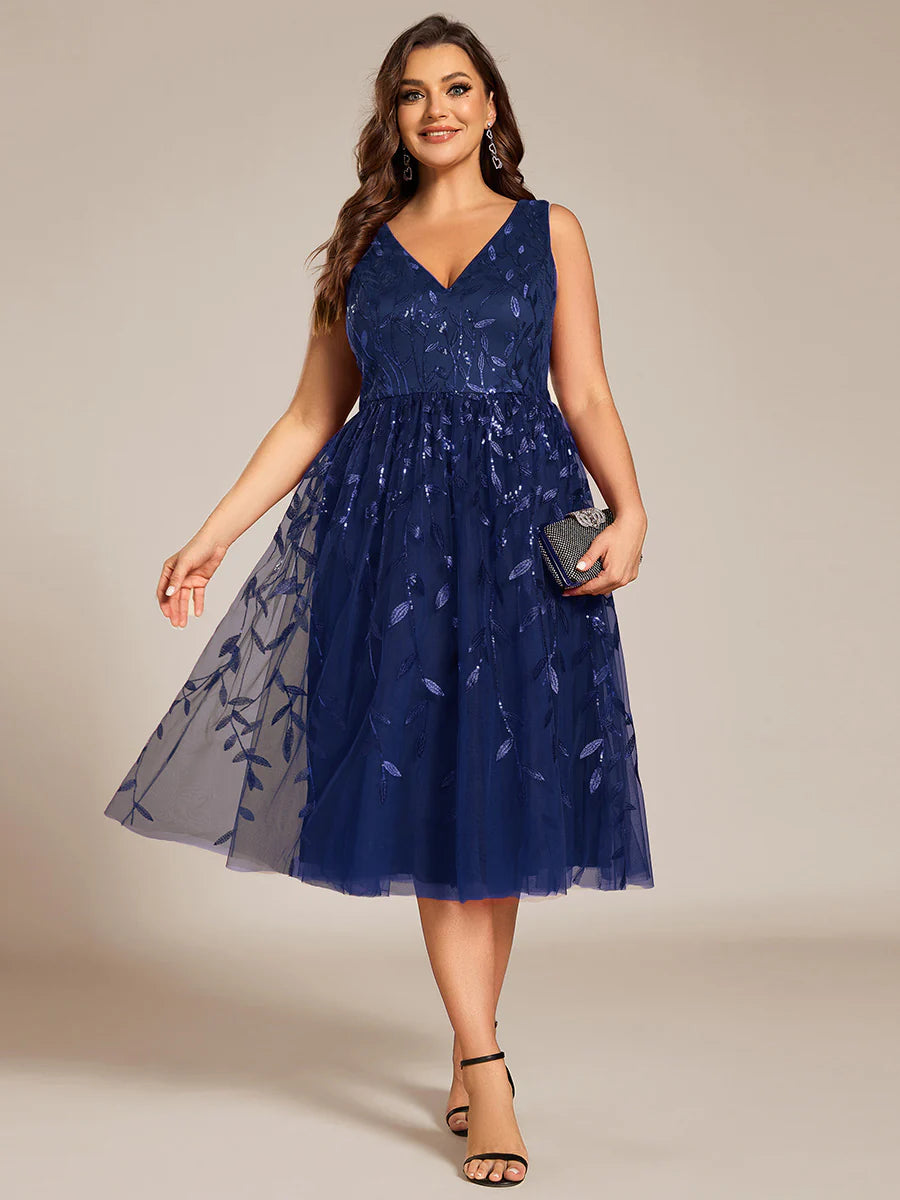Plus Size V-Neck Sequin Midi Wedding Guest Dress With Sleeveless