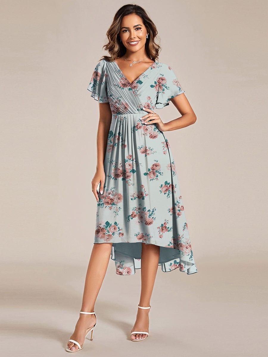 Ever FAYE|Floral V Neck High-Low Short Sleeve Wedding Guest Dress