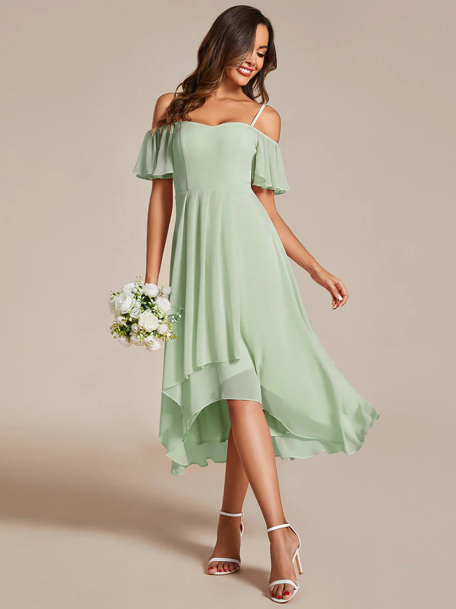 Chiffon Spaghetti Strap Cold Shoulder Tea Length Wedding Guest Dress