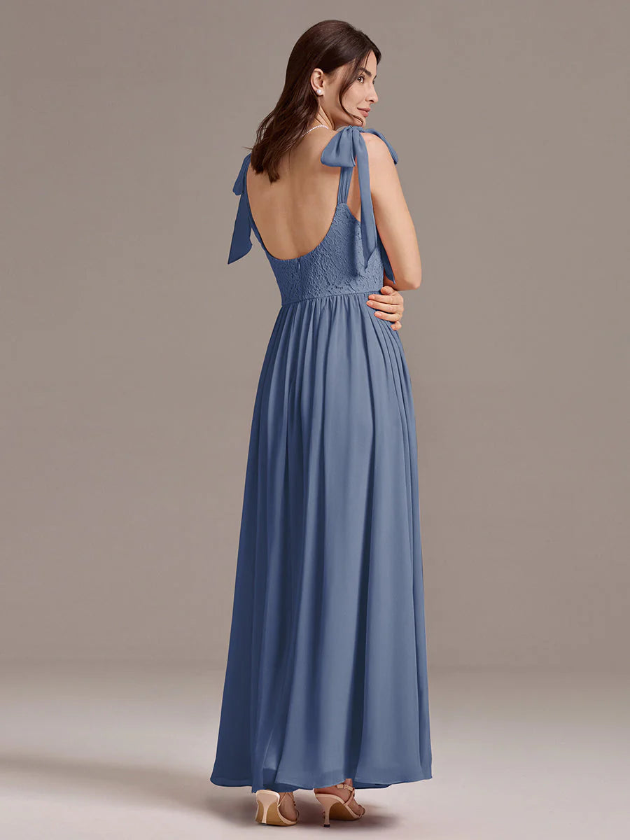 Chiffon Sweetheart Neck Bow Tie Backless A-Line Lace Bridesmaid Dress