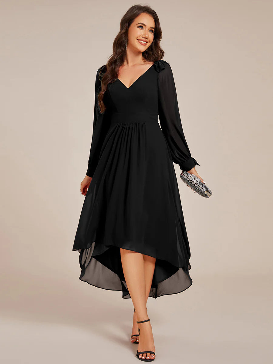 Elegant Butterfly Design Long Sleeves Midi Length A-Line Asymmetrical Hem Chiffon Dresses