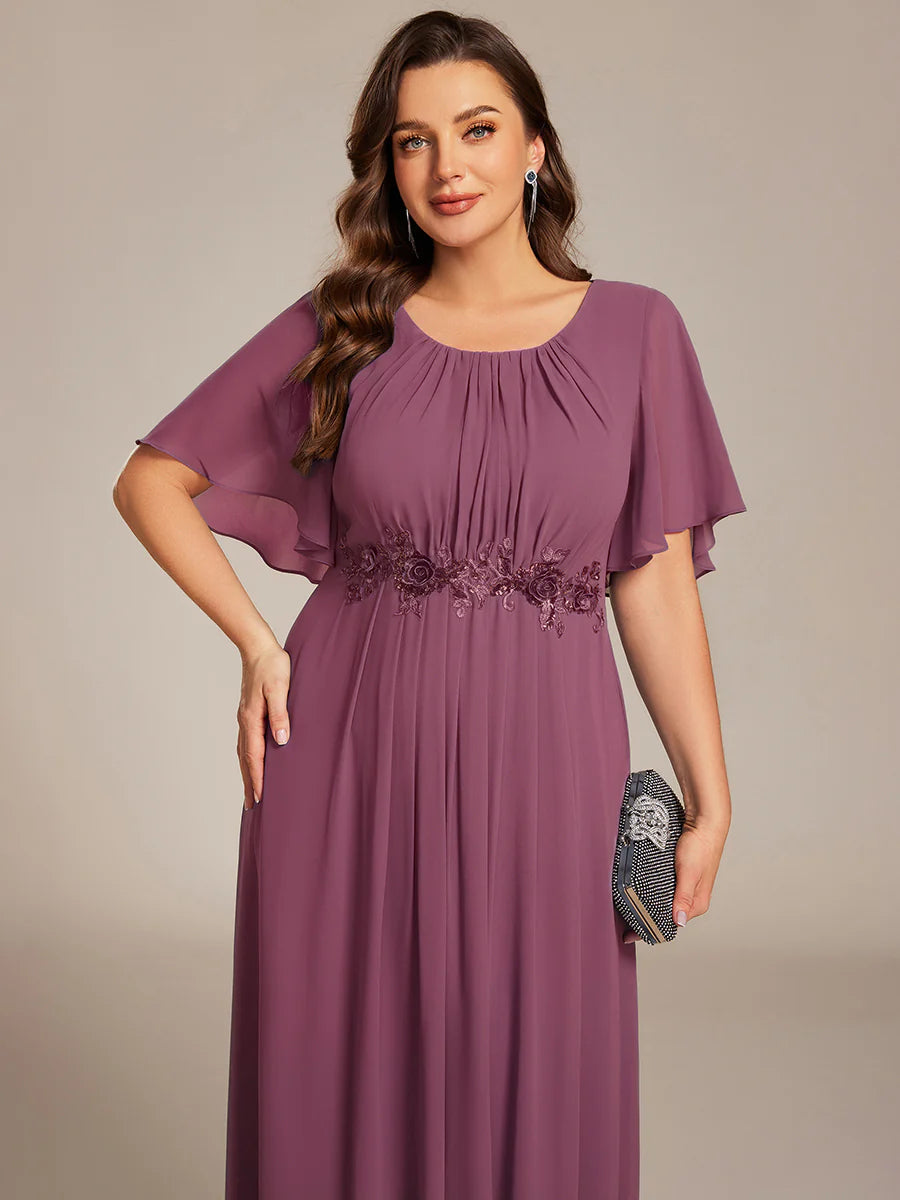 Short Sleeves Pleated Applique A-Line Floor-Length Formal Evening Dress