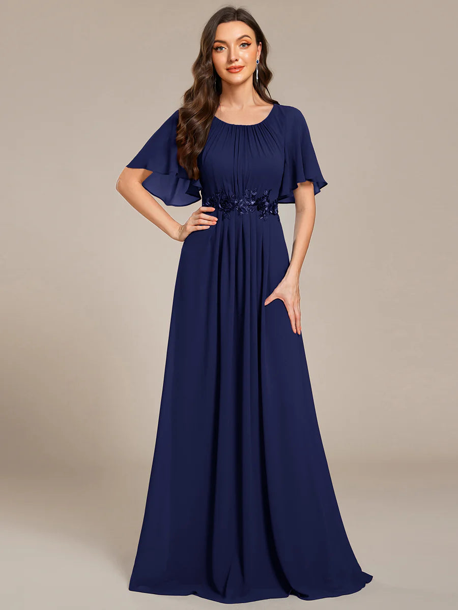 Short Sleeves Pleated Applique A-Line Floor-Length Formal Evening Dress