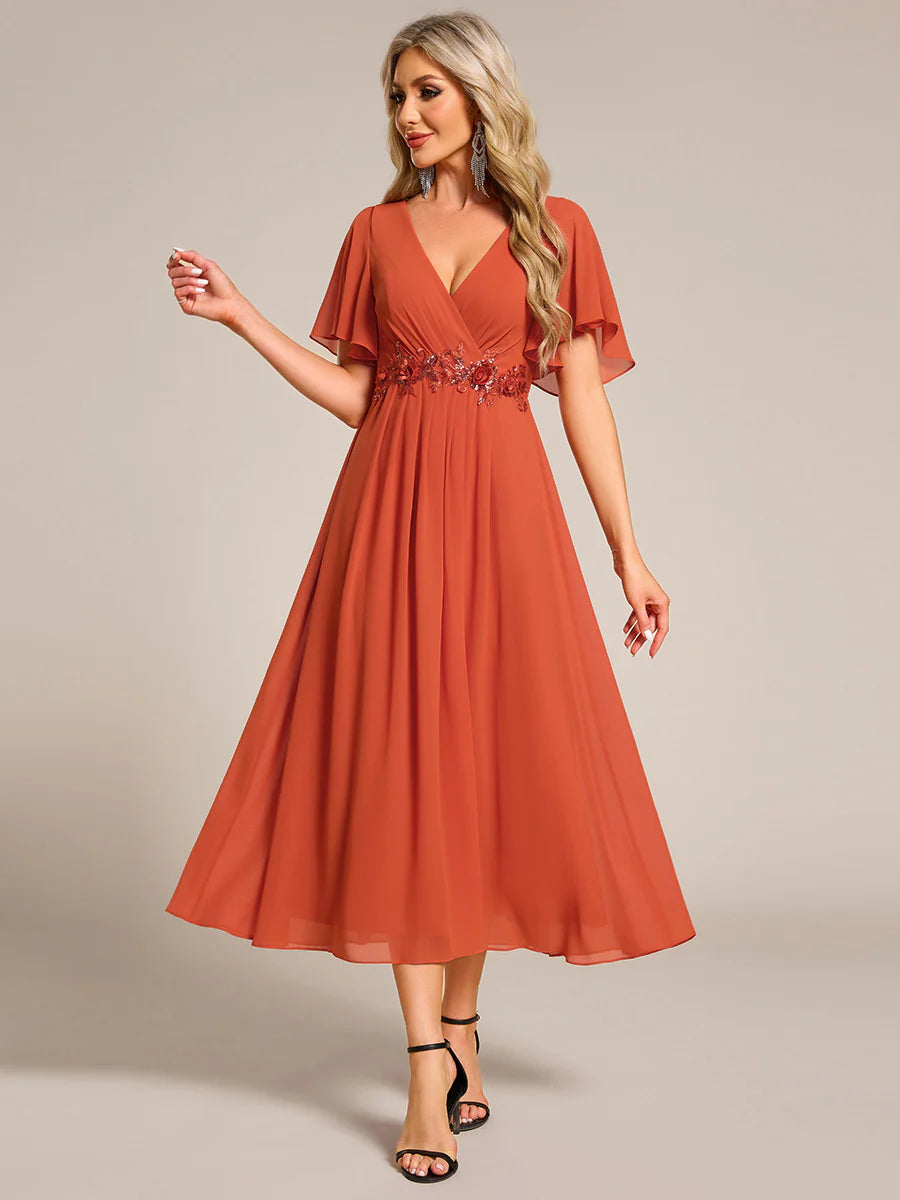 Applique V Neck Tea Length Wedding Guest Dress With Short Sleeves