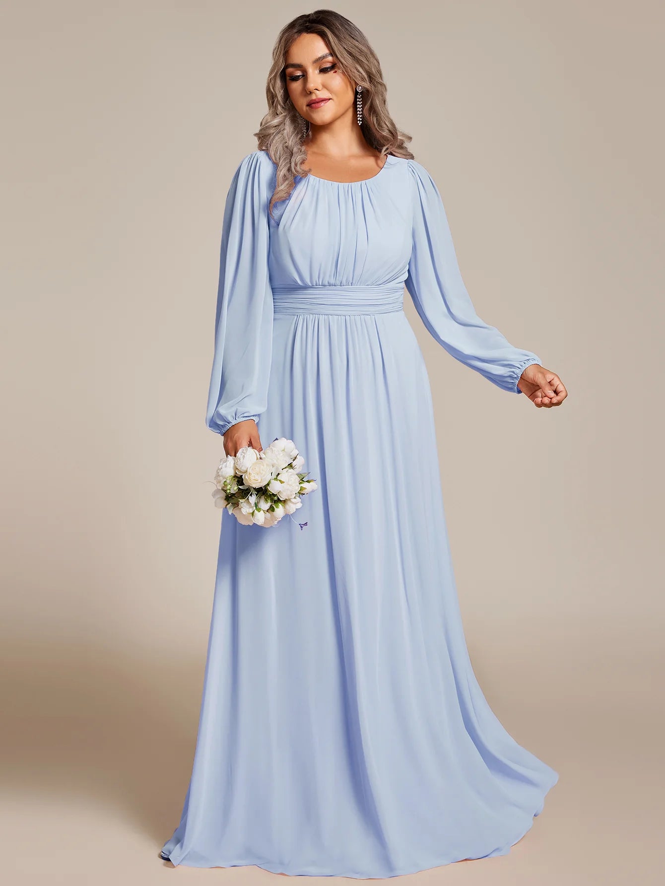 Plus Size Round Neck Wholesale Bridesmaid Dresses with Long Lantern Sleeves