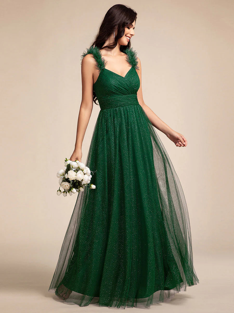 Romantic Deep V Neck Flying sleeve Tulle Bridesmaid Dresses with Gold Stamping Pleated decoration