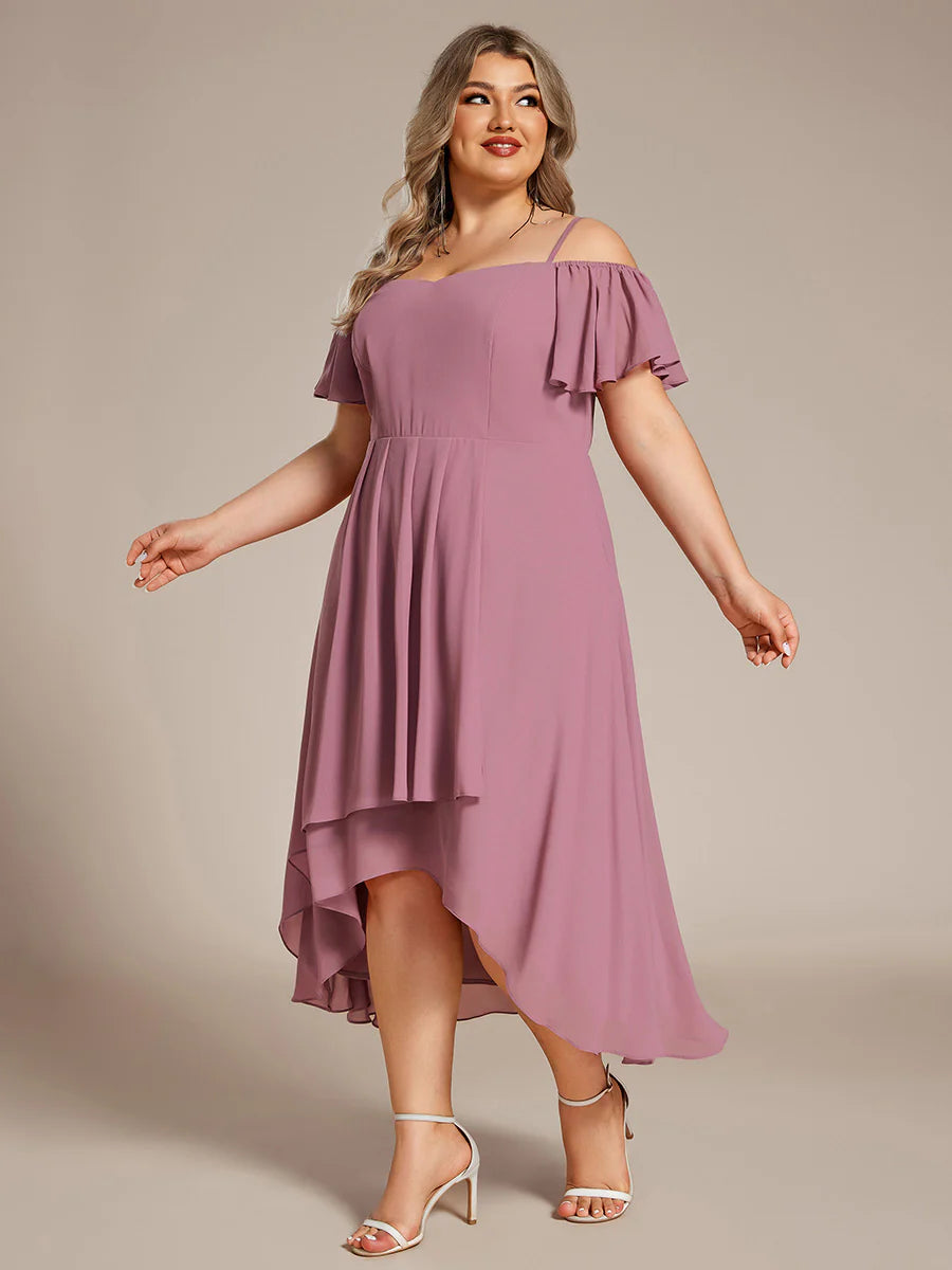 Plus Size Chiffon Spaghetti Strap Cold Shoulder Tea Length Wedding Guest Dress