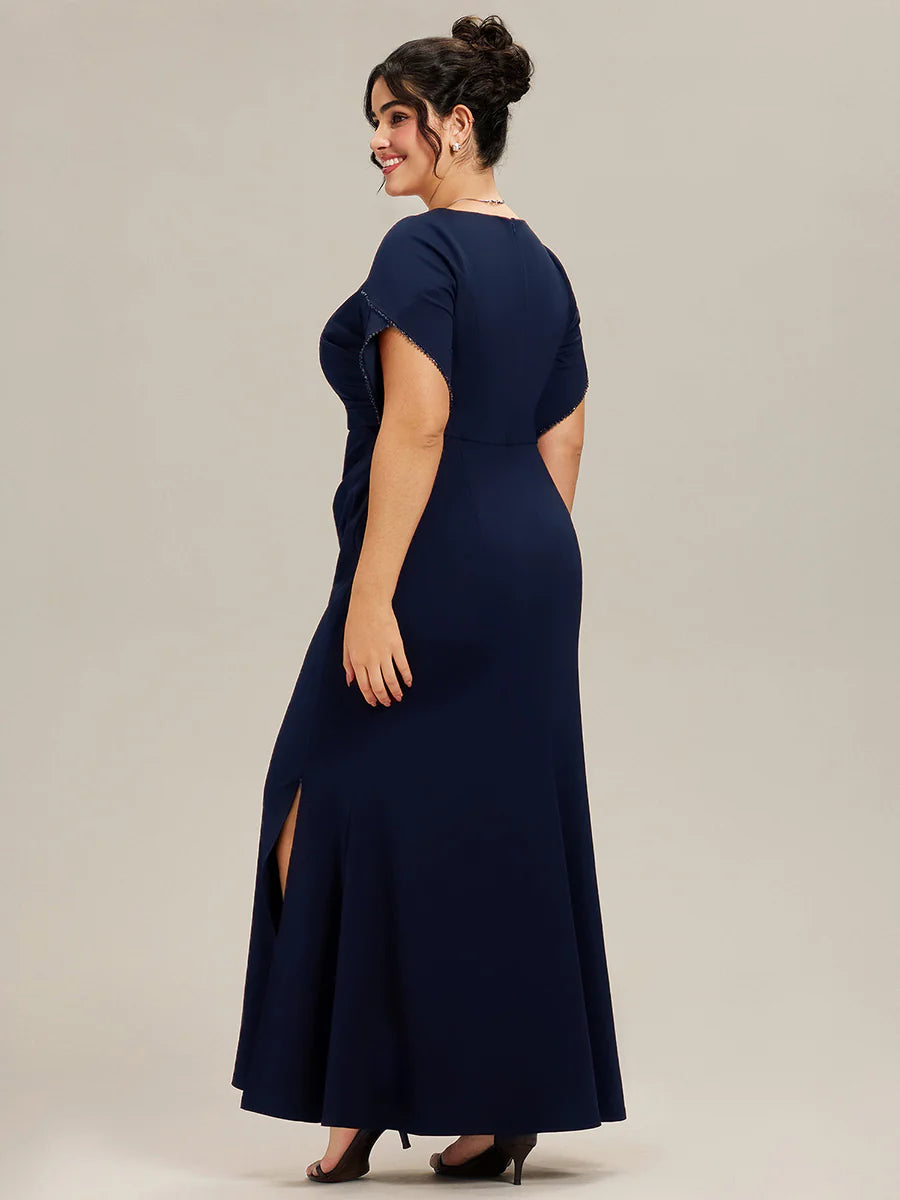 Plus Size Short Sleeve Fishtail Deep V-Neck Thigh-High Slit Evening Dresses