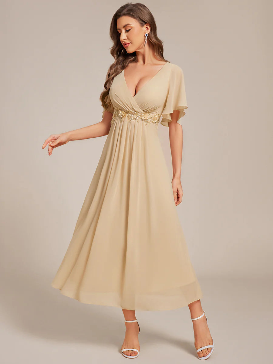 Applique V Neck Tea Length Wedding Guest Dress With Short Sleeves