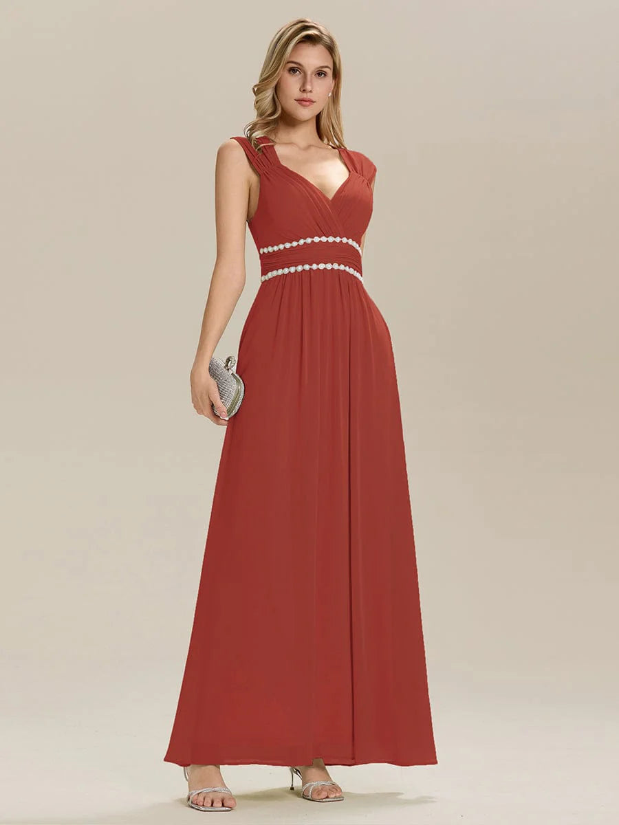 Custom Made Sleeveless Pleated Deep V-Neck A-Line Floor Length Dress; Bridesmaid Dresses