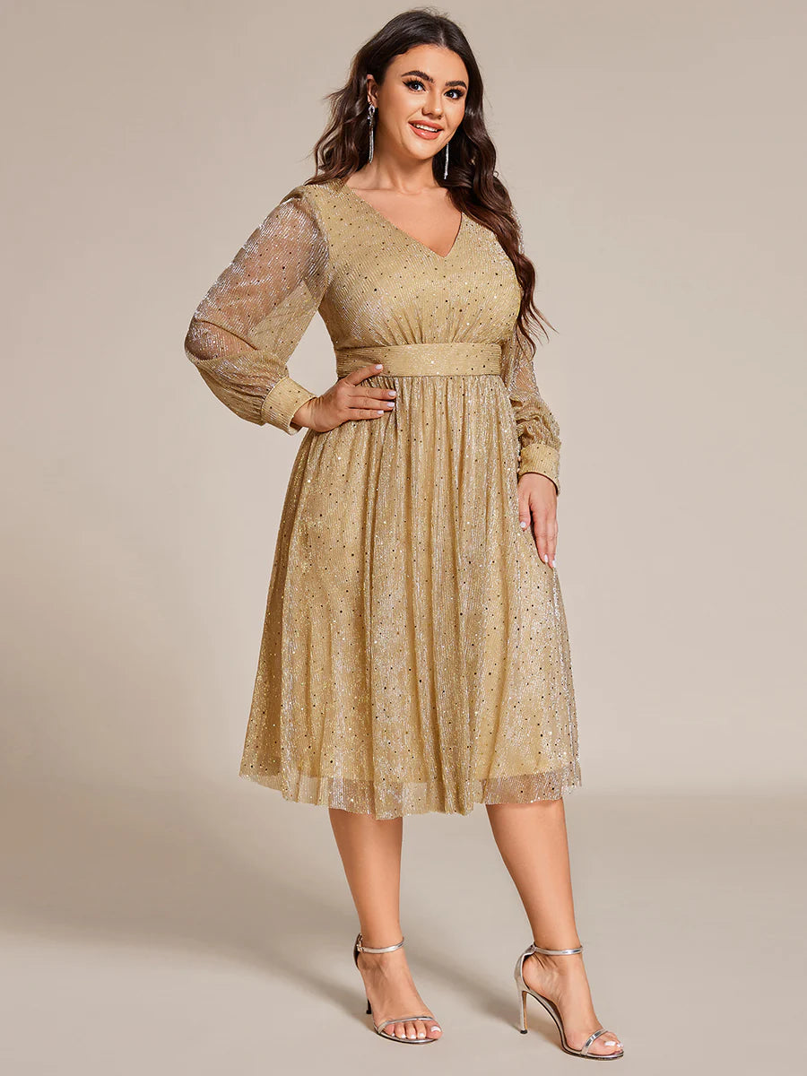Plus Size Elegant Long Lantern Sleeve Midi Length Sequin Tulle Dresses with Shimmer Decoration